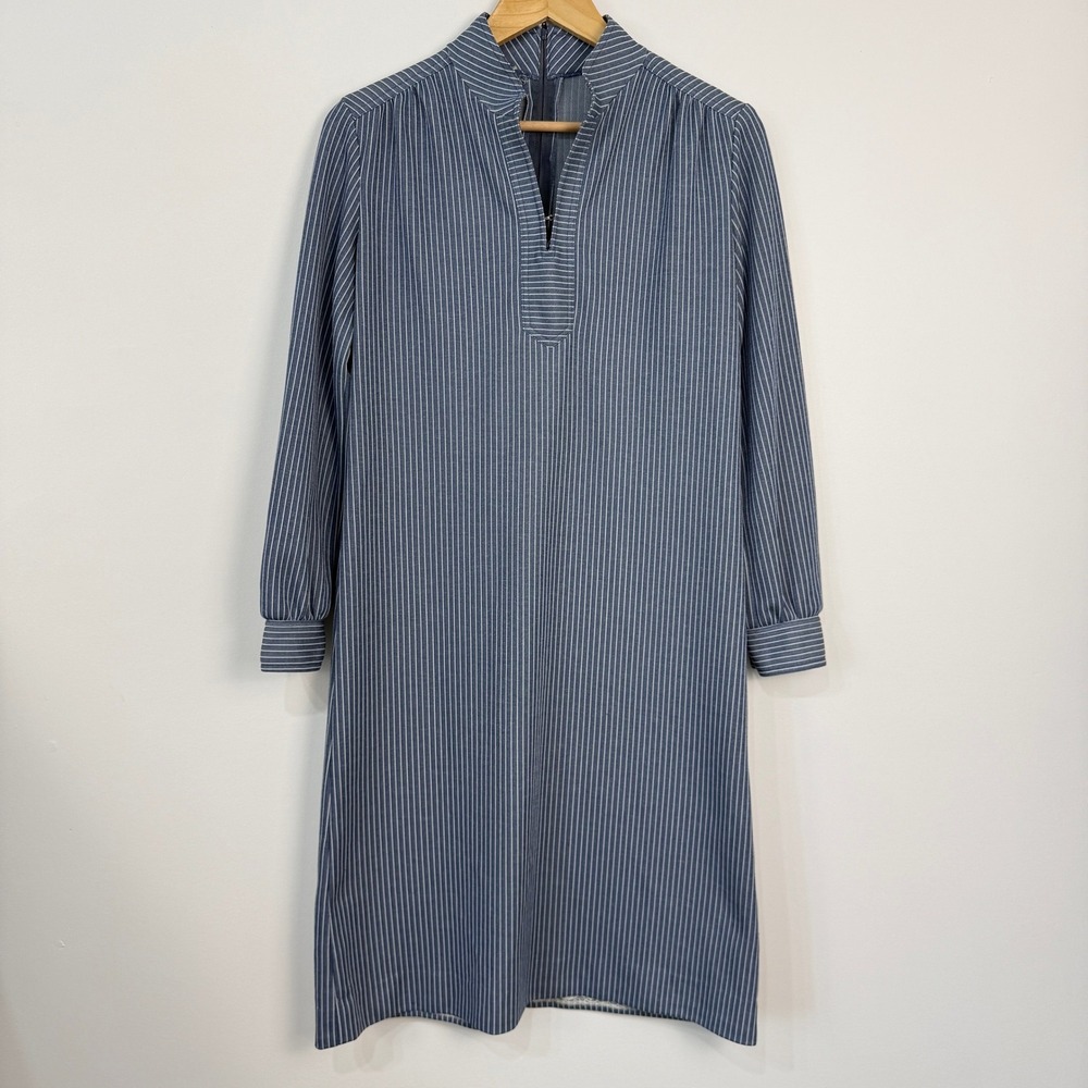 Vintage Kitty Striped Long Sleeve Shift Dress Womens Blue White Mod Minimalist